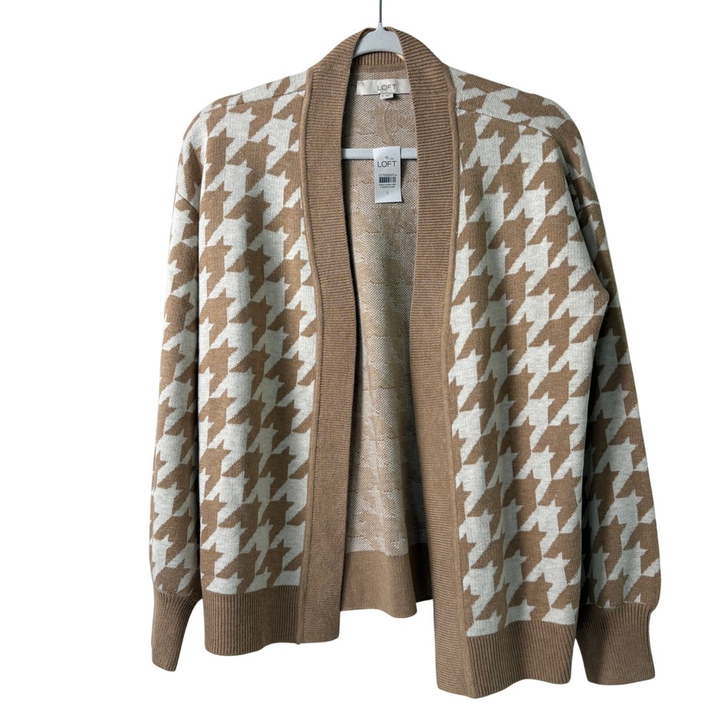 Loft Houndstooth Cardigan Size S Tan White Open Front Knit Sweater Preppy NWT